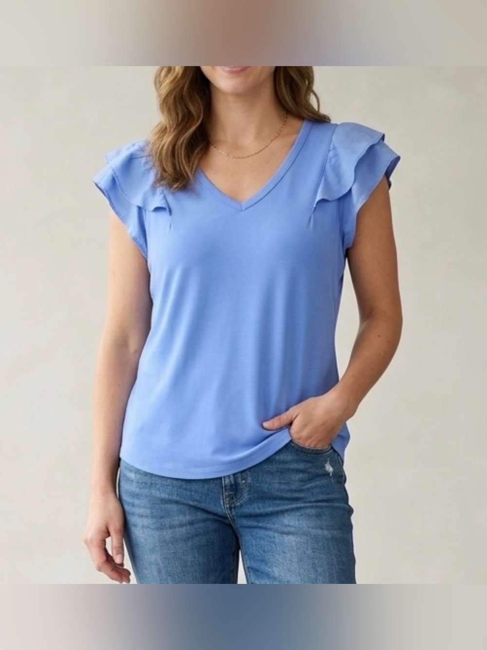 Lauren Ralph Lauren Women’s Large Blue V-neck Ruffle Flutter Cap Sleeve Knit Top